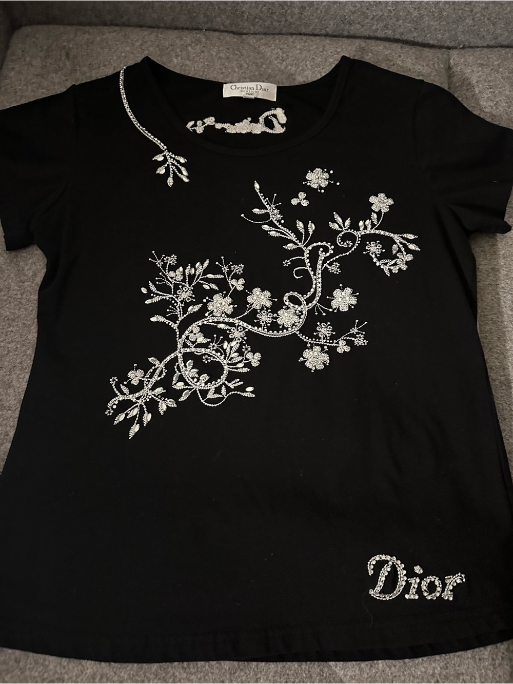 Dior Black Tee with Silver Crystal Floral Motif